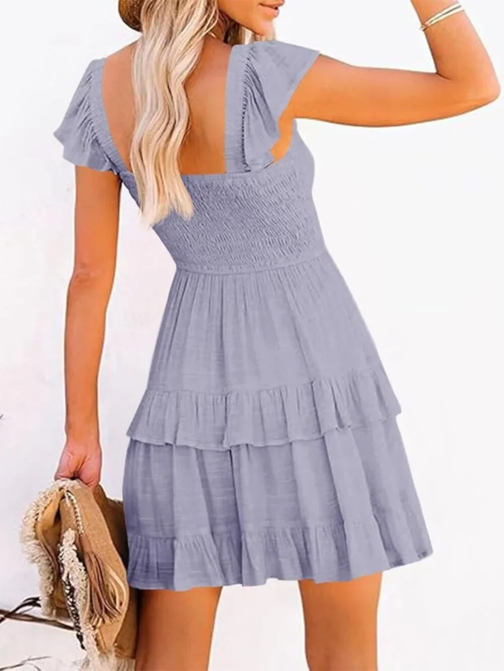 Women's Summer Dress Boho Purple Smocked Ruffle Sun Beach Mini Swing Dress